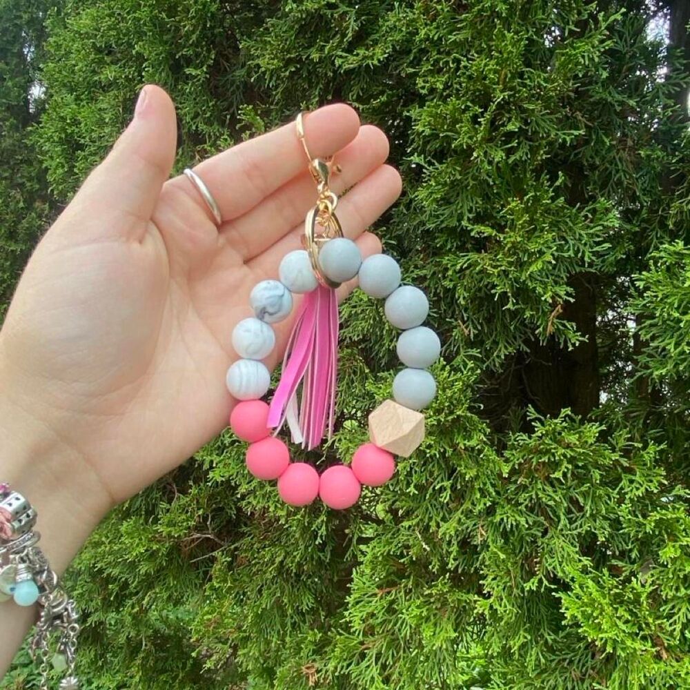 Pink/Grey Beaded Keychain